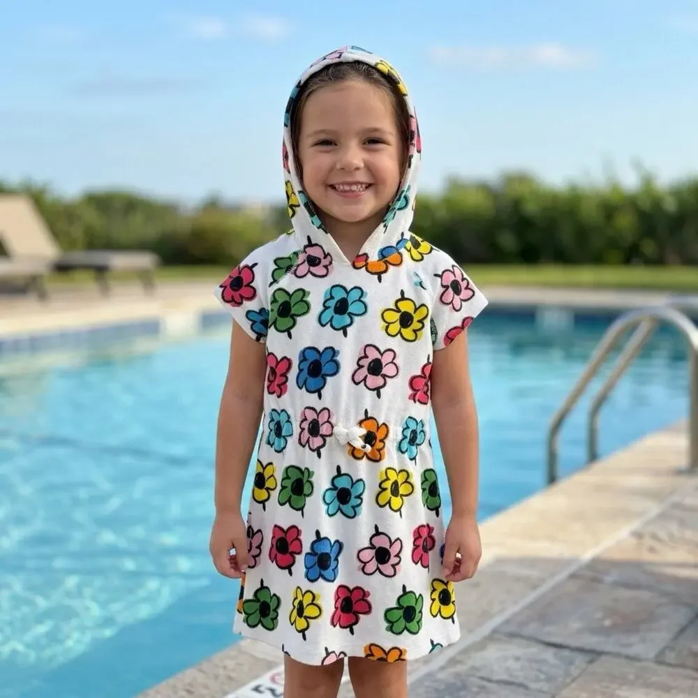Terry Cloth Swim Cover Hanna Anderson White Floral Hooded Beach Dress Size 6-7